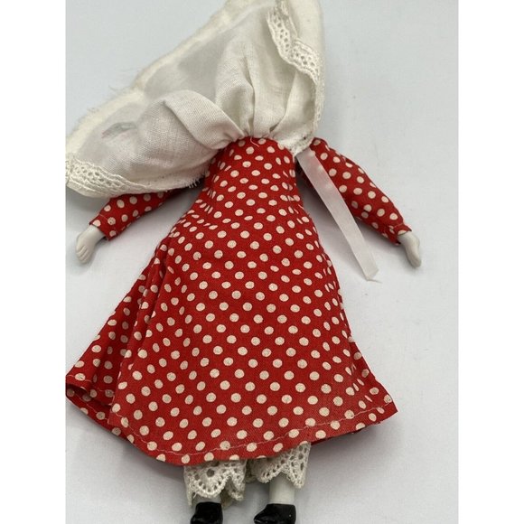 Porcelain Victorian Girl Doll Embroidered Red White Polka Dotted Dress Bonnet - Picture 13 of 15